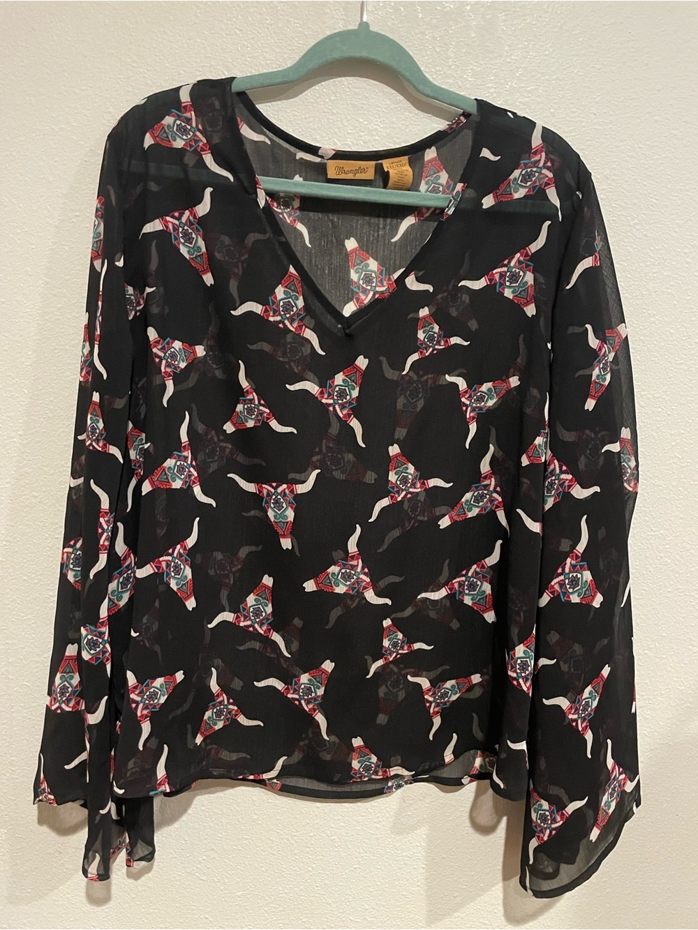 Wrangler Sheer Black V-Neck Long Sleeve Blouse with Colorful Steer Skull Motif
